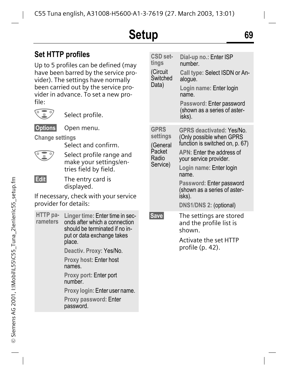 P. 69, Setup | Siemens C55 User Manual | Page 70 / 110