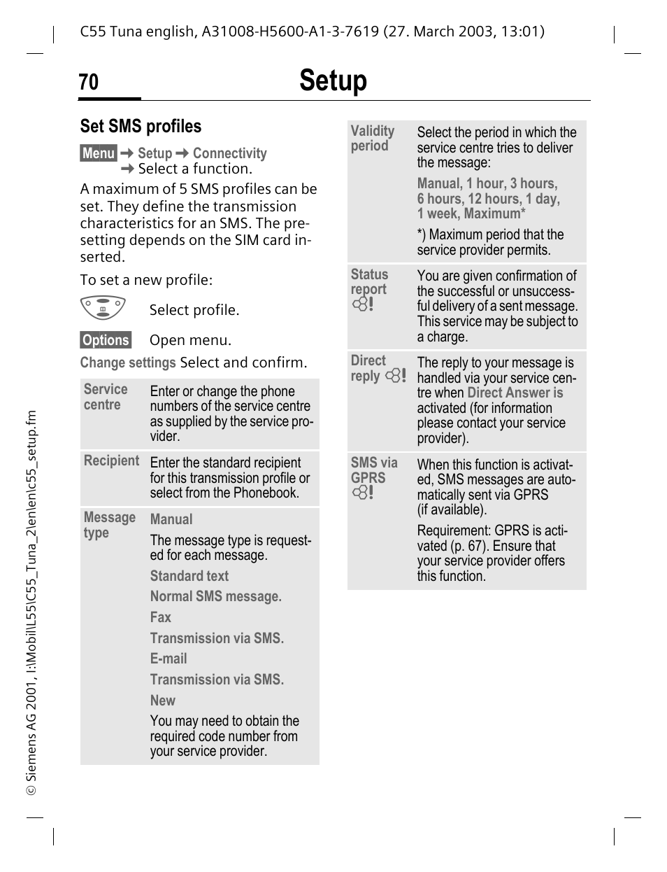 P. 70), Ing (p. 70), P. 70 | Setup, Set sms profiles | Siemens C55 User Manual | Page 71 / 110