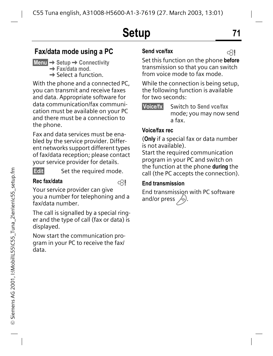 Setup, Fax/data mode using a pc | Siemens C55 User Manual | Page 72 / 110