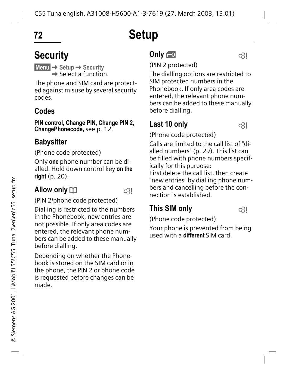 Security, P. 72, Setup | Codes, Babysitter, Allow only, Only, Last 10 only, This sim only | Siemens C55 User Manual | Page 73 / 110