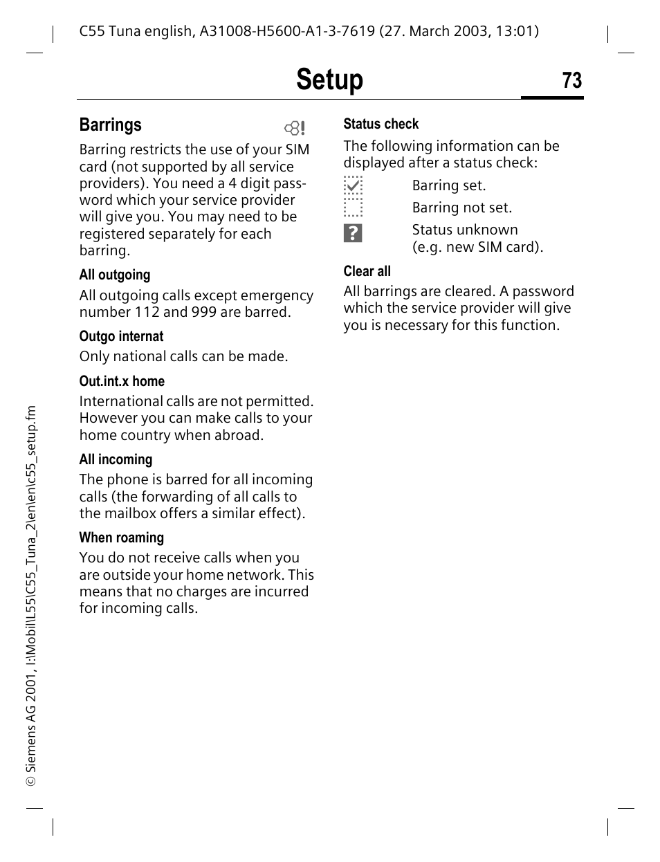 Setup, Barrings | Siemens C55 User Manual | Page 74 / 110