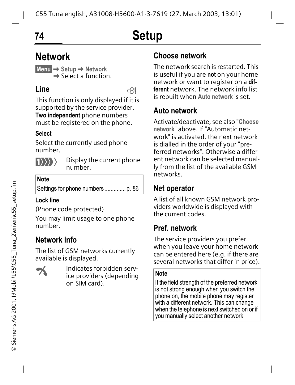 Network, P. 74, Hem (p. 74) | Setup, Line, Network info, Choose network, Auto network, Net operator, Pref. network | Siemens C55 User Manual | Page 75 / 110