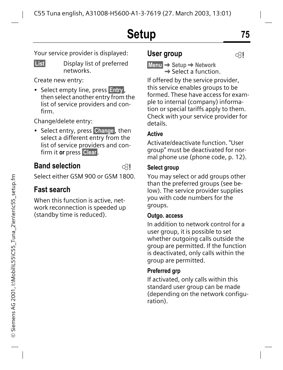 Setup, Band selection, Fast search | User group | Siemens C55 User Manual | Page 76 / 110