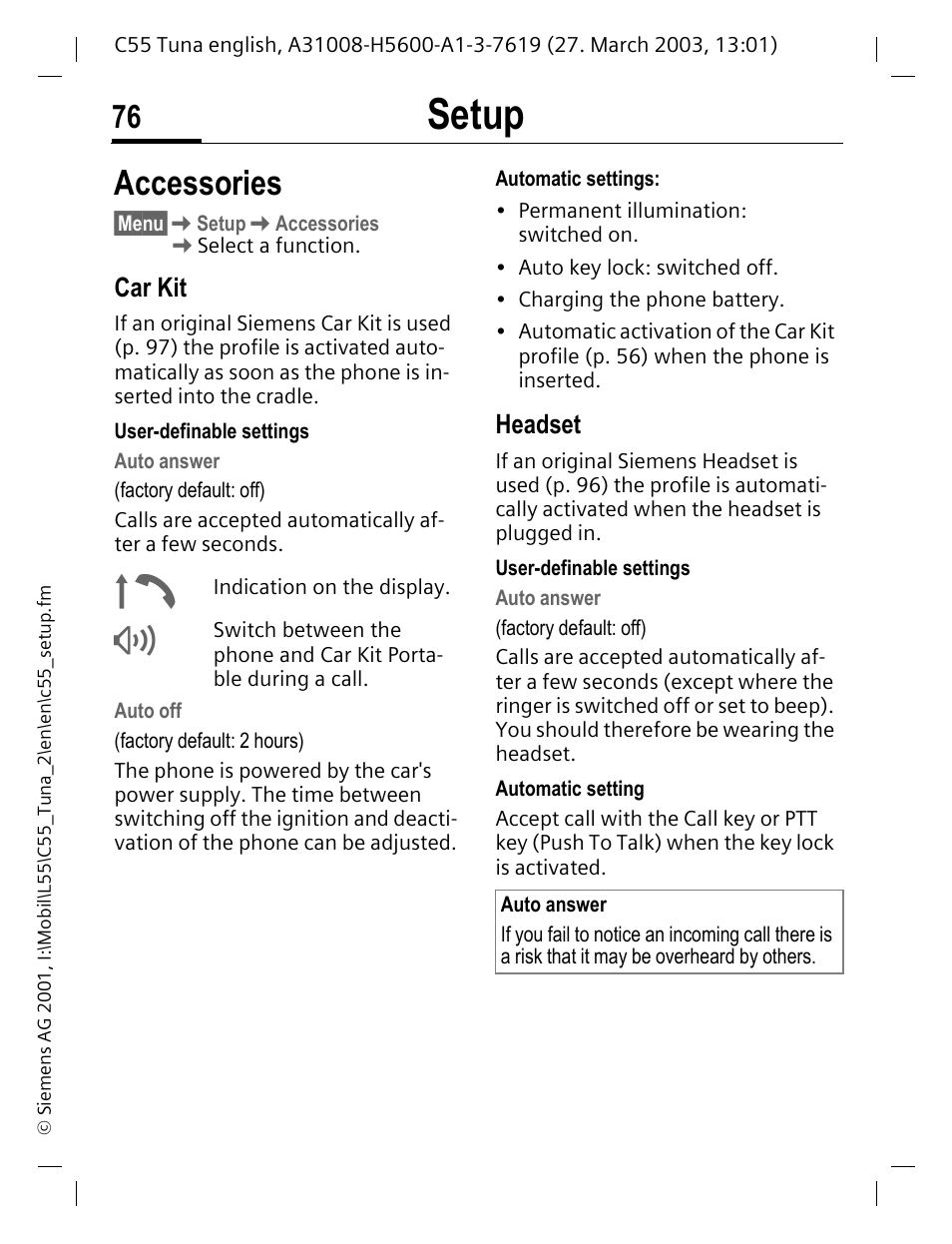 Accessories, E cradle (p. 76), Ugged in (p. 76) | Setup, Car kit, Headset | Siemens C55 User Manual | Page 77 / 110