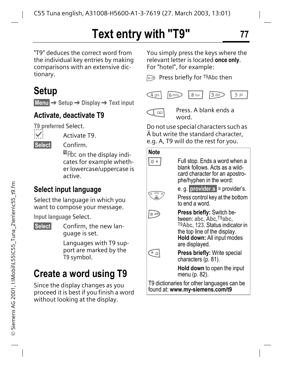 Text entry with "t9, Setup, Create a word using t9 | P. 77), Kly cre, P. 77 | Siemens C55 User Manual | Page 78 / 110