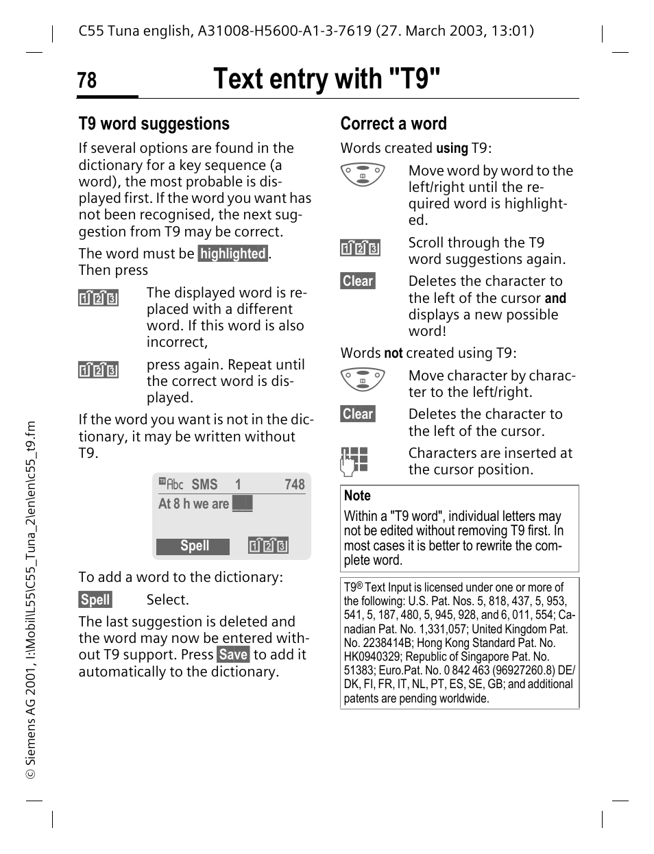 Text entry with "t9, T9 word suggestions, Correct a word | Siemens C55 User Manual | Page 79 / 110