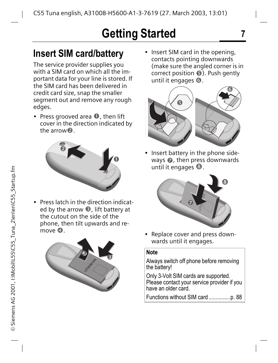 Insert sim card/battery, Getting started | Siemens C55 User Manual | Page 8 / 110