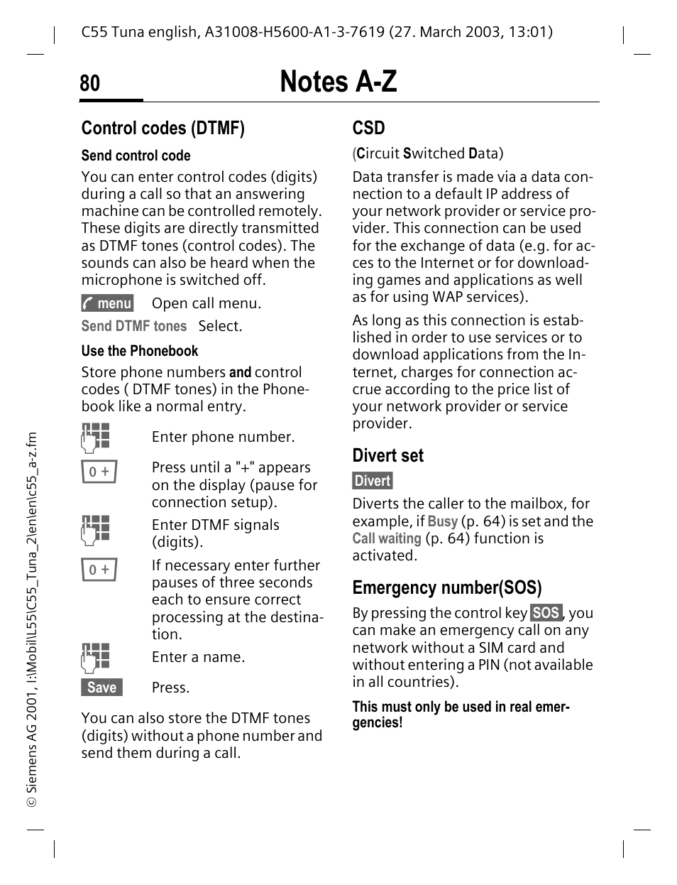 Notes a-z, P. 80, P. 80) | Control codes (dtmf), Divert set, Emergency number(sos) | Siemens C55 User Manual | Page 81 / 110