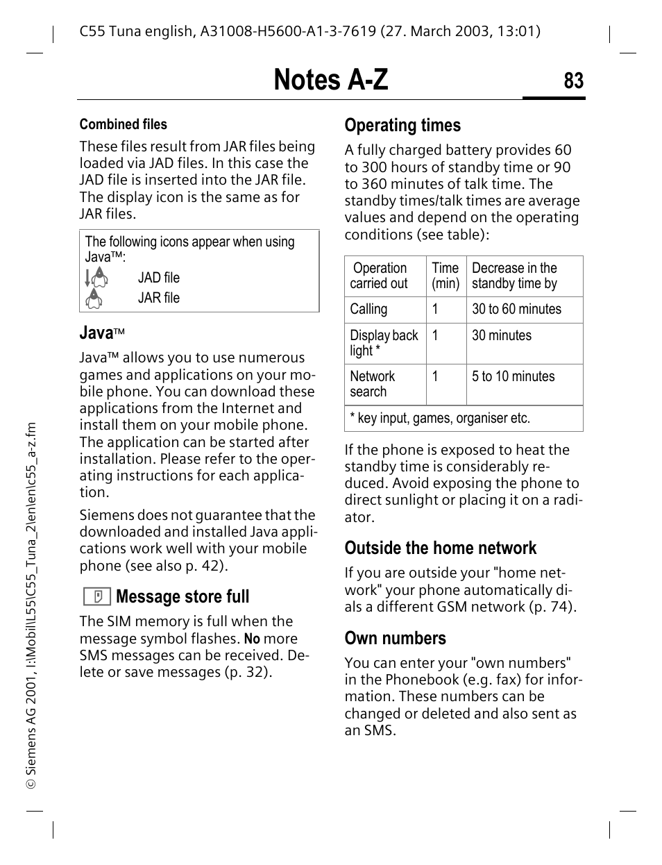 P. 83, Java, Message store full | Operating times, Outside the home network, Own numbers | Siemens C55 User Manual | Page 84 / 110