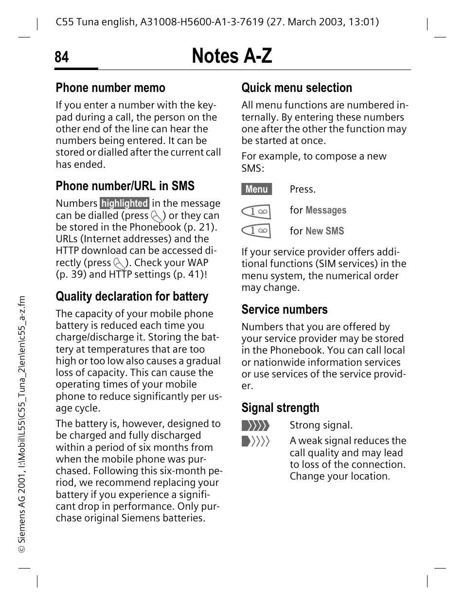 Signal strength, P. 84, Phone number/url in sms | Quality declaration for battery, Quick menu selection, Service numbers | Siemens C55 User Manual | Page 85 / 110