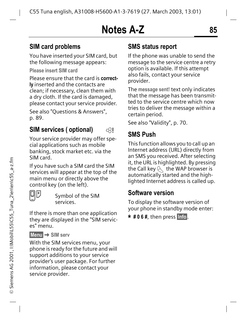 Sim services, Optional), P. 85 | Sms status report, Sim card problems, Sms push, Software version | Siemens C55 User Manual | Page 86 / 110