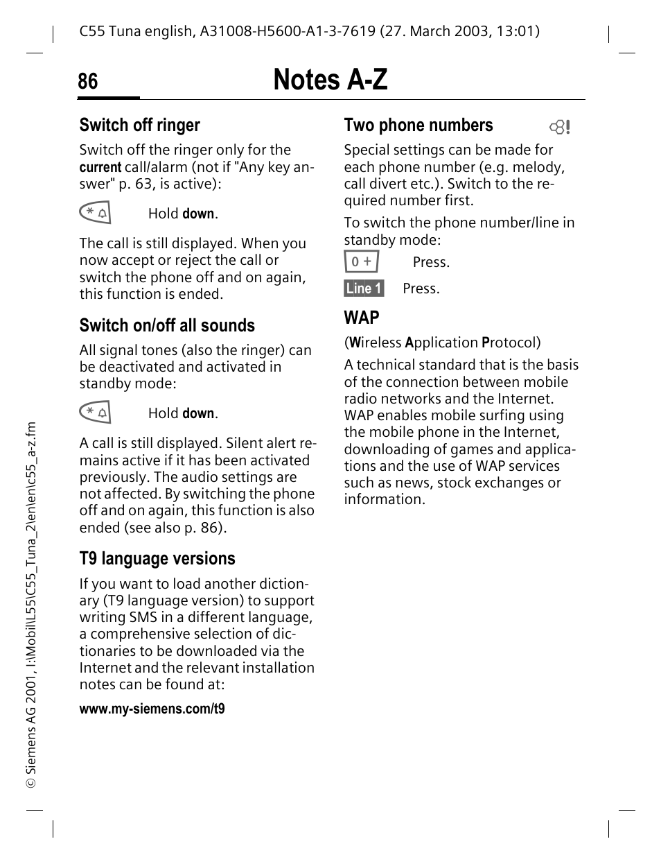 Tp (p. 86 | Siemens C55 User Manual | Page 87 / 110