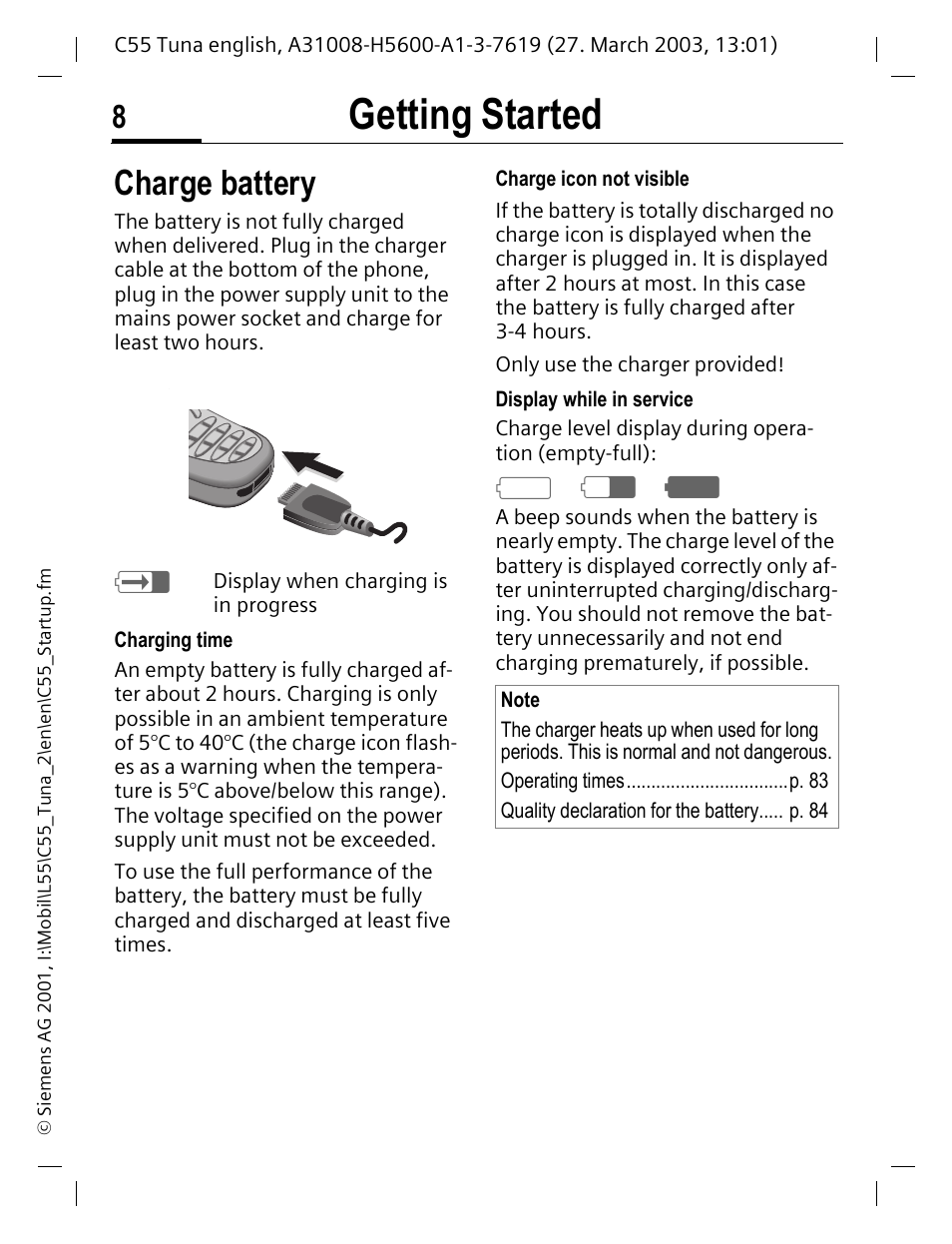 Charge battery, Getting started, A d g | Siemens C55 User Manual | Page 9 / 110