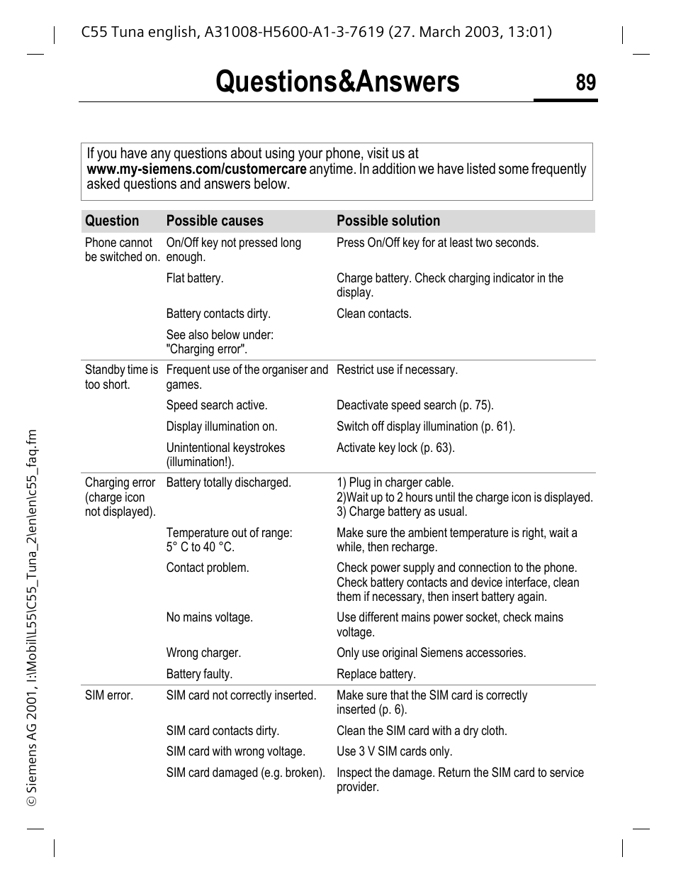 Questions&a nswers, Questions&answers | Siemens C55 User Manual | Page 90 / 110