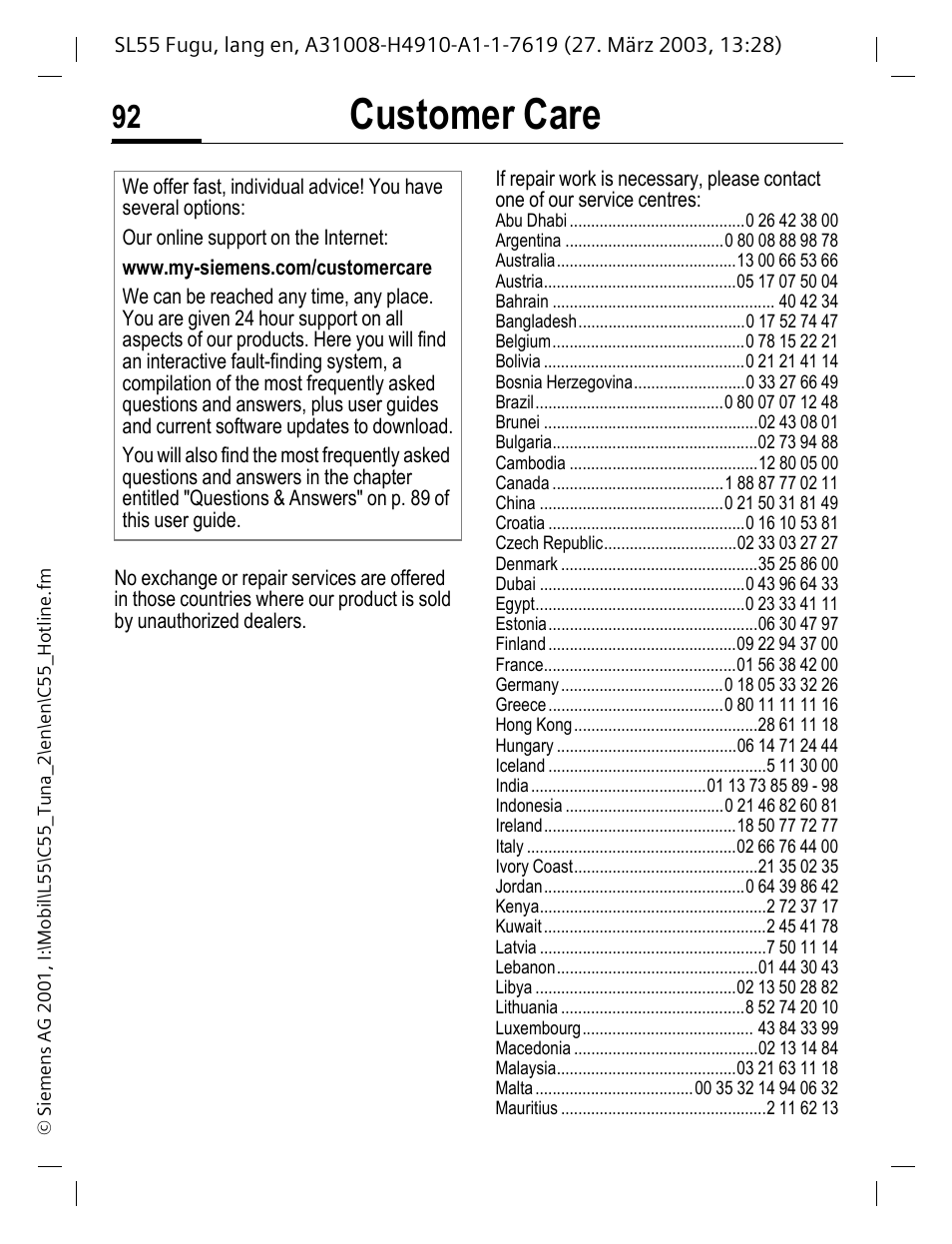 Customer care, Mens service (p. 92), Ens service (p. 92) | Siemens C55 User Manual | Page 93 / 110