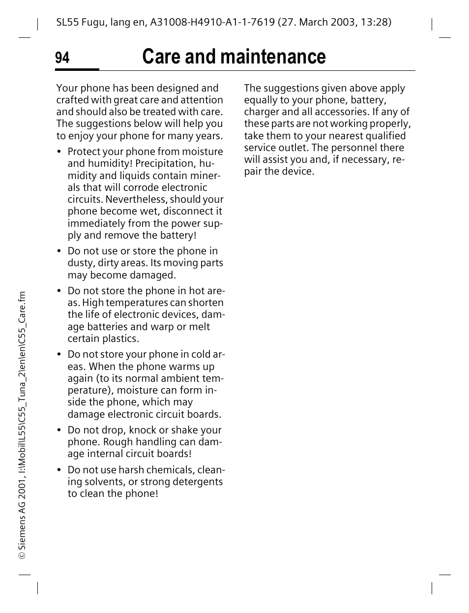 Care and maintenance | Siemens C55 User Manual | Page 95 / 110