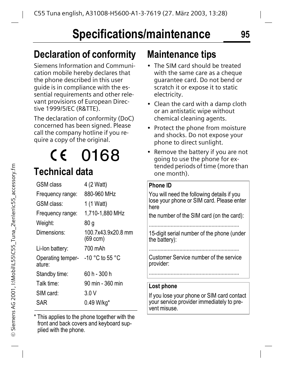 Specifications/maintenance, Declaration of conformity, Technical data | Maintenance tips | Siemens C55 User Manual | Page 96 / 110