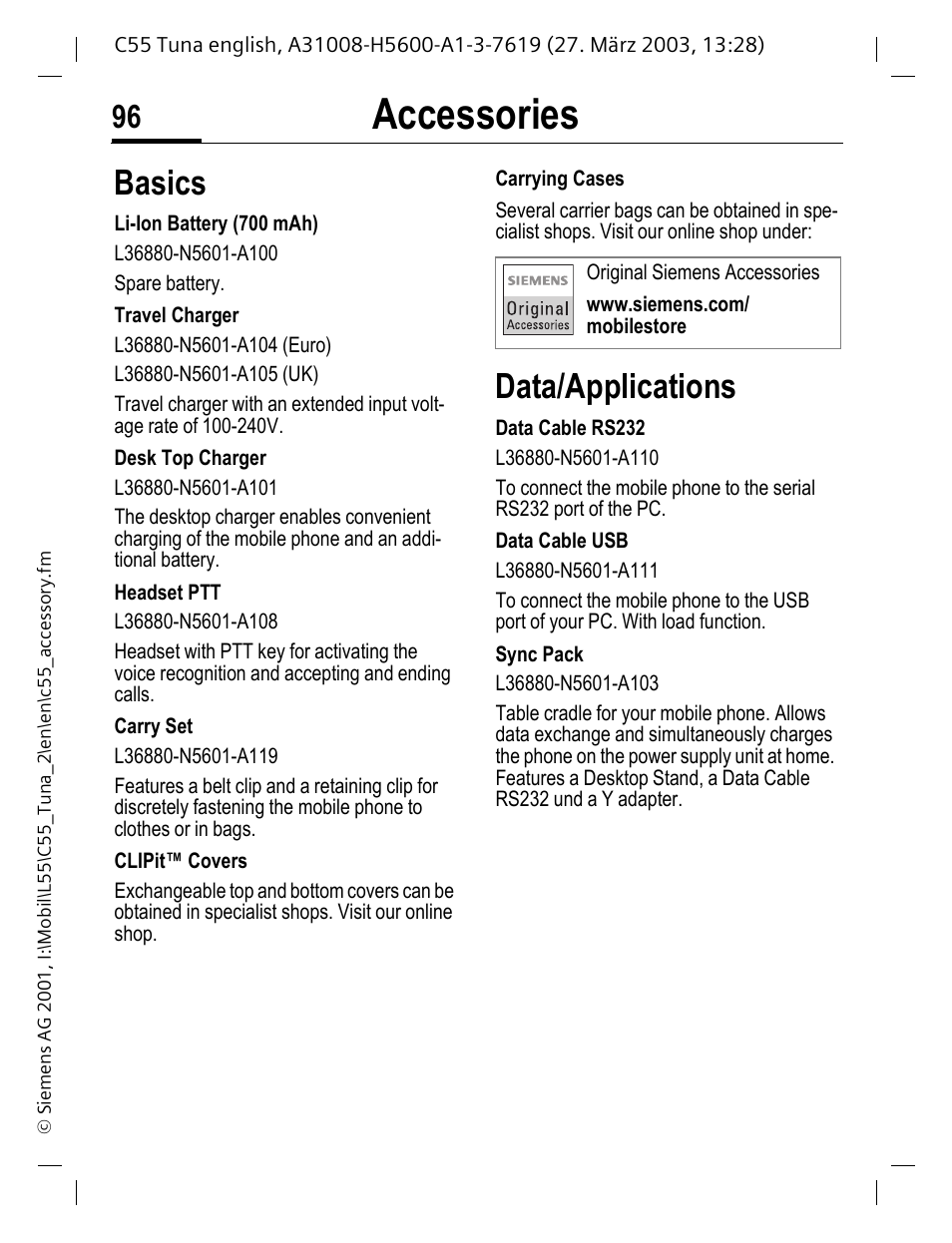 Accessories, Basics, Data/applications | Ed (p. 96), the profil | Siemens C55 User Manual | Page 97 / 110