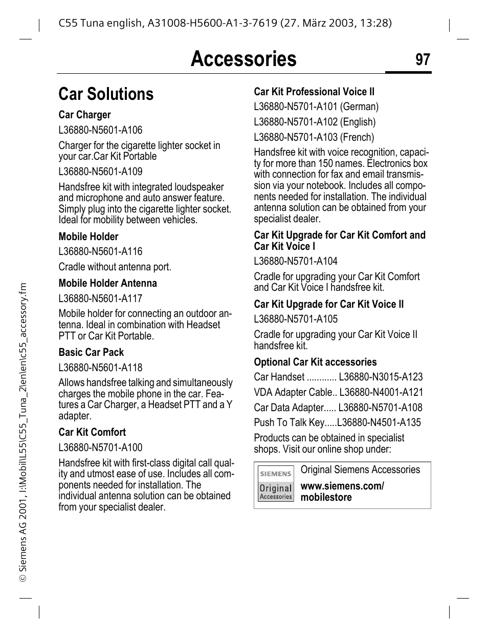 Car solutions, P. 97) the profile is activated, Accessories | Siemens C55 User Manual | Page 98 / 110