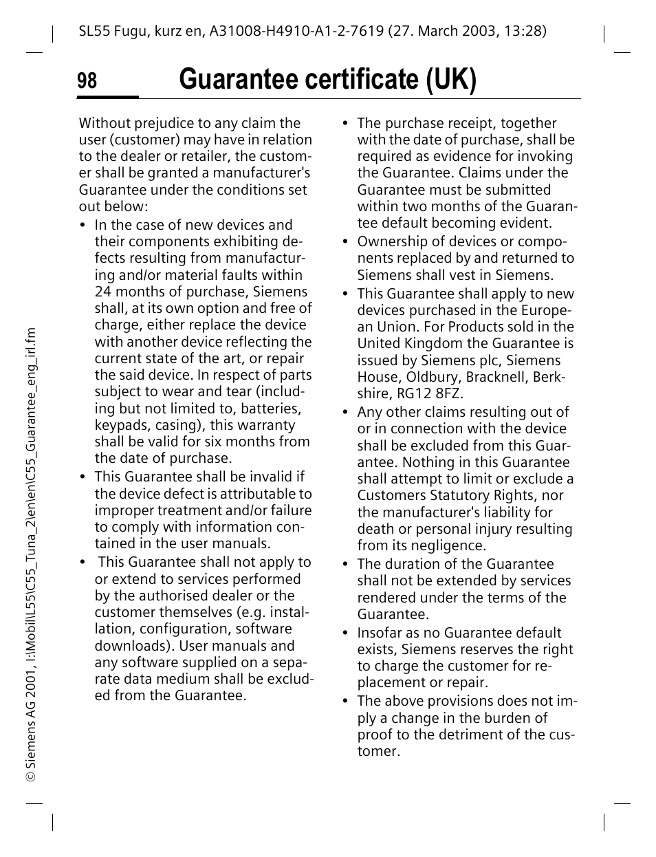 Guarantee certificate (uk) | Siemens C55 User Manual | Page 99 / 110