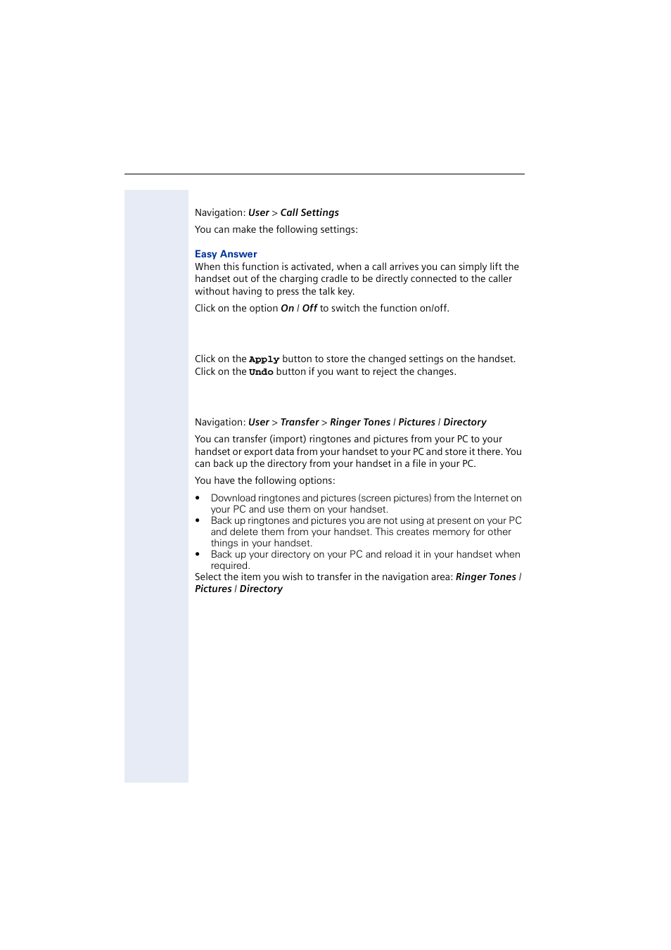 Call settings, Saving/rejecting settings, Transfer | Æ transfer | Siemens 2000 User Manual | Page 14 / 56