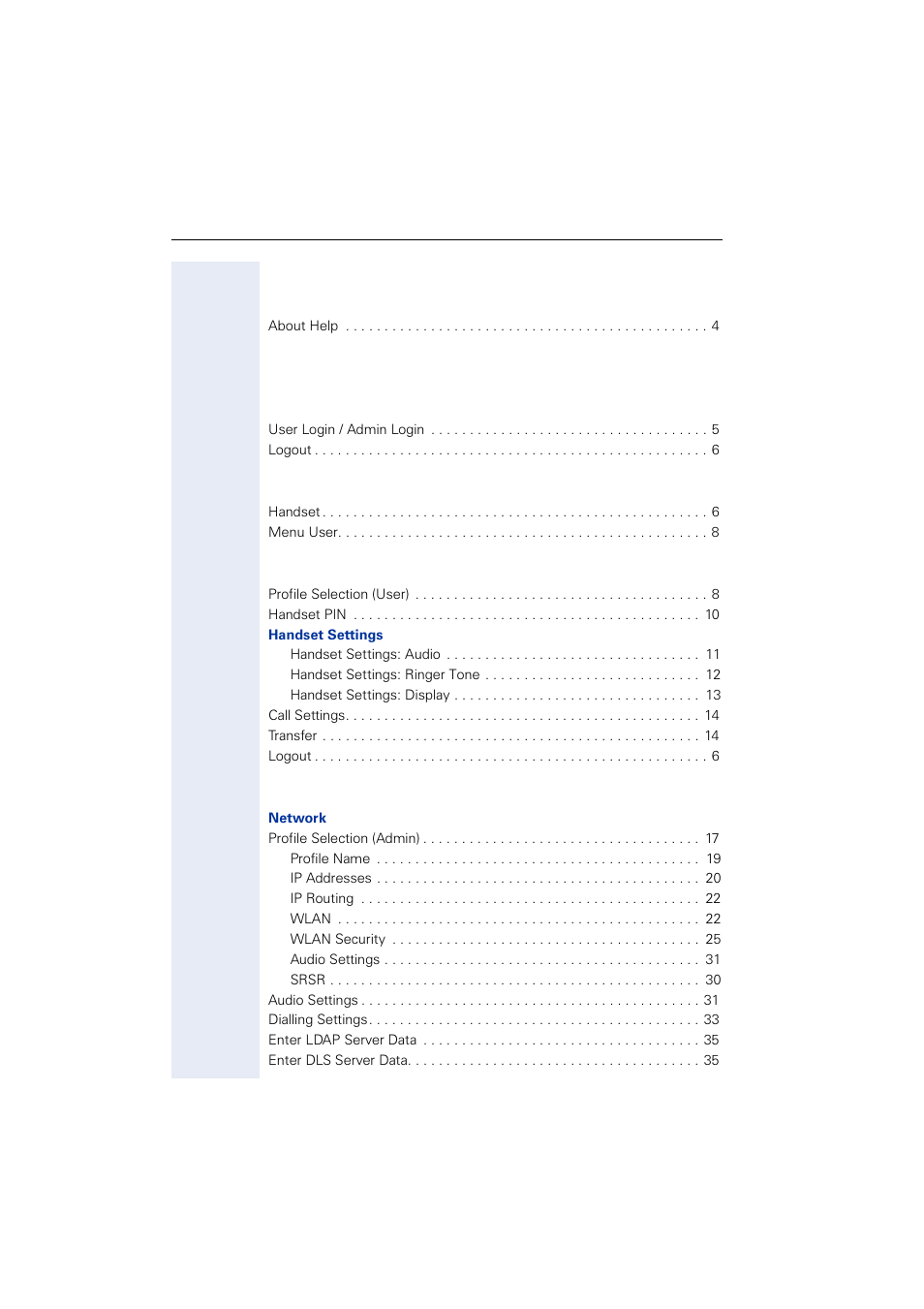 Help topics, Home login/logout, Menu status | Menu user, Menu admin | Siemens 2000 User Manual | Page 2 / 56