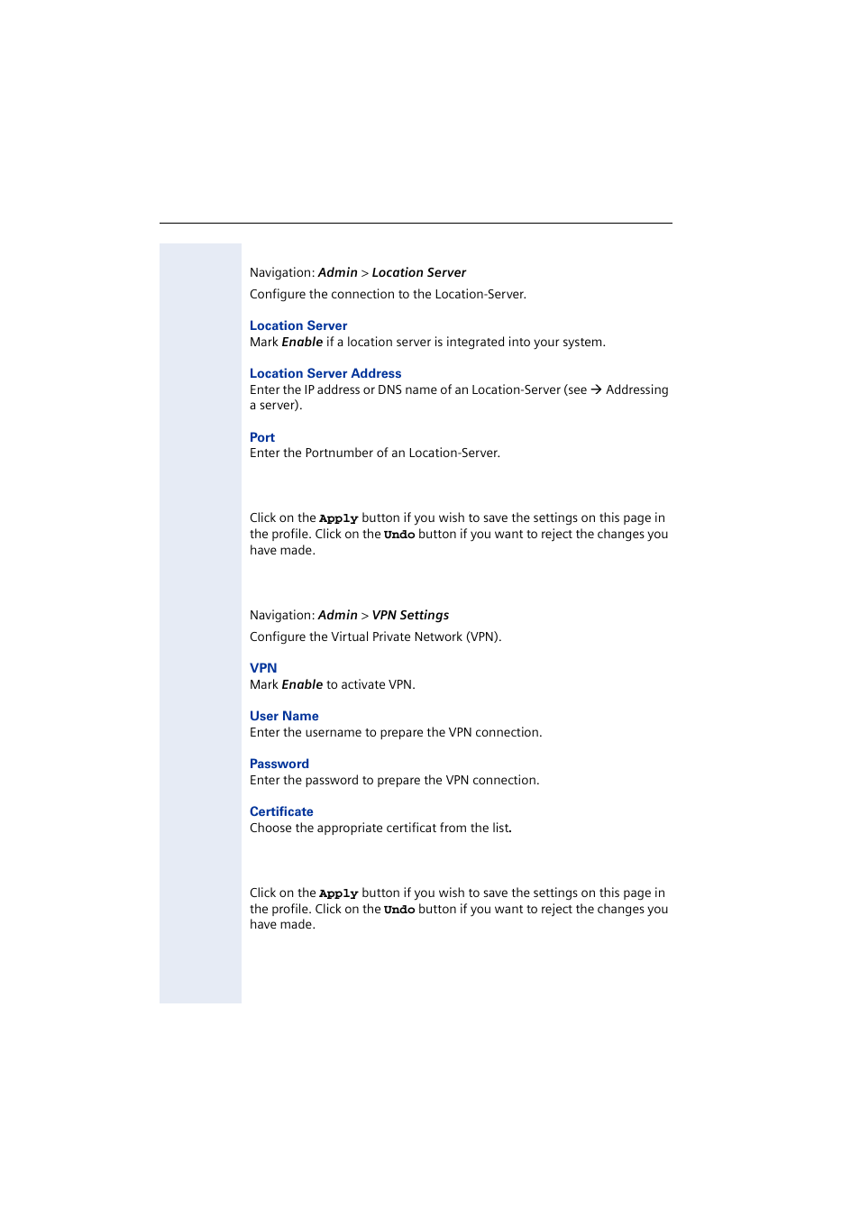 Enter location server data, Saving/rejecting changes, Vpn settings | Siemens 2000 User Manual | Page 36 / 56