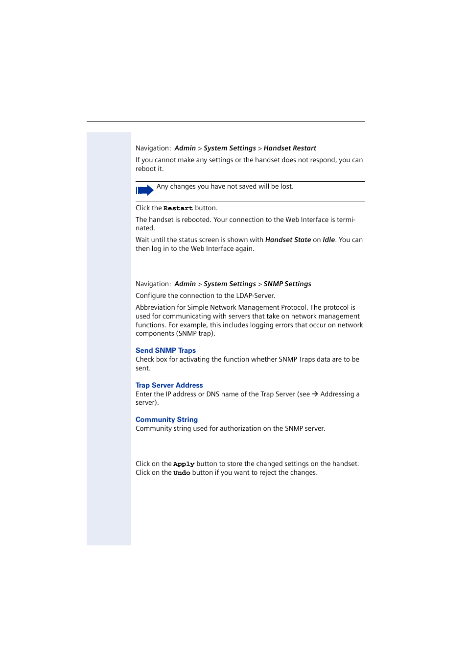 Handset restart, Snmp settings, Saving/rejecting settings | Æ handset restart) | Siemens 2000 User Manual | Page 44 / 56