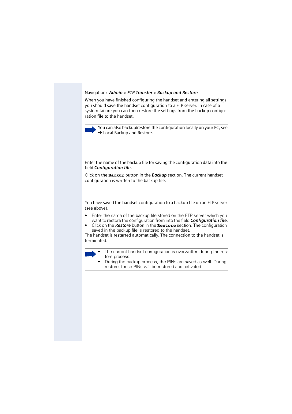 Ftp backup and restore, Restoring the handset configuration, Æ ftp backup and | Restore | Siemens 2000 User Manual | Page 46 / 56