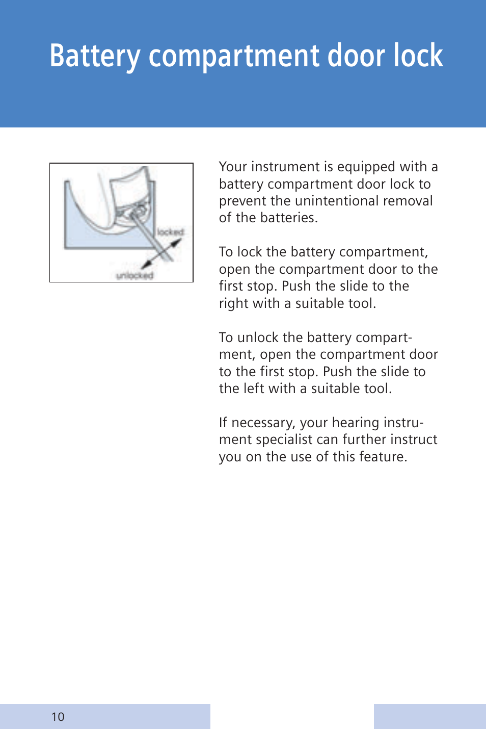 Battery compartment door lock | Siemens CENTRA Behind-the-Ear System User Manual | Page 10 / 28