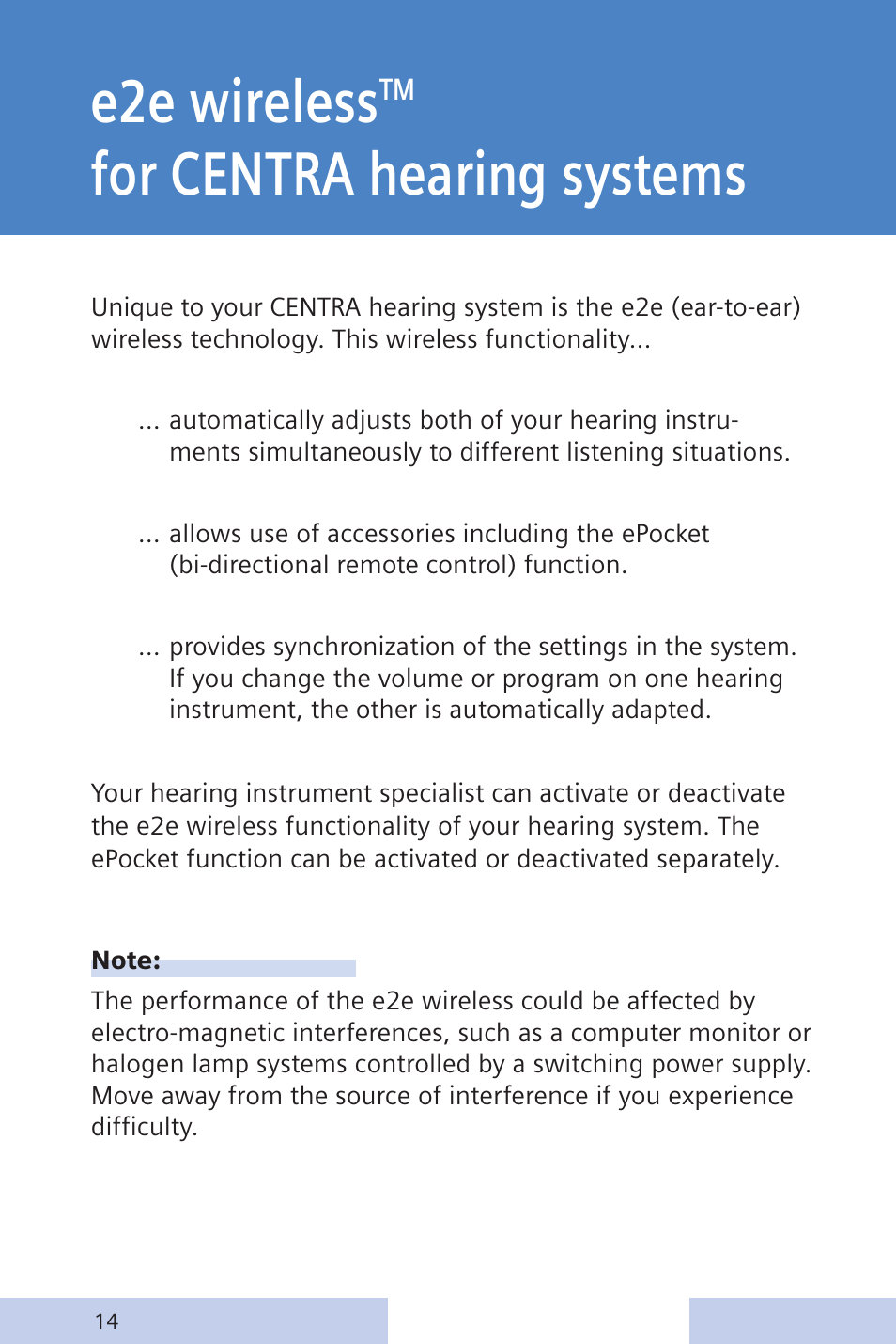 E2e wireless, For centra hearing systems | Siemens CENTRA Behind-the-Ear System User Manual | Page 14 / 28