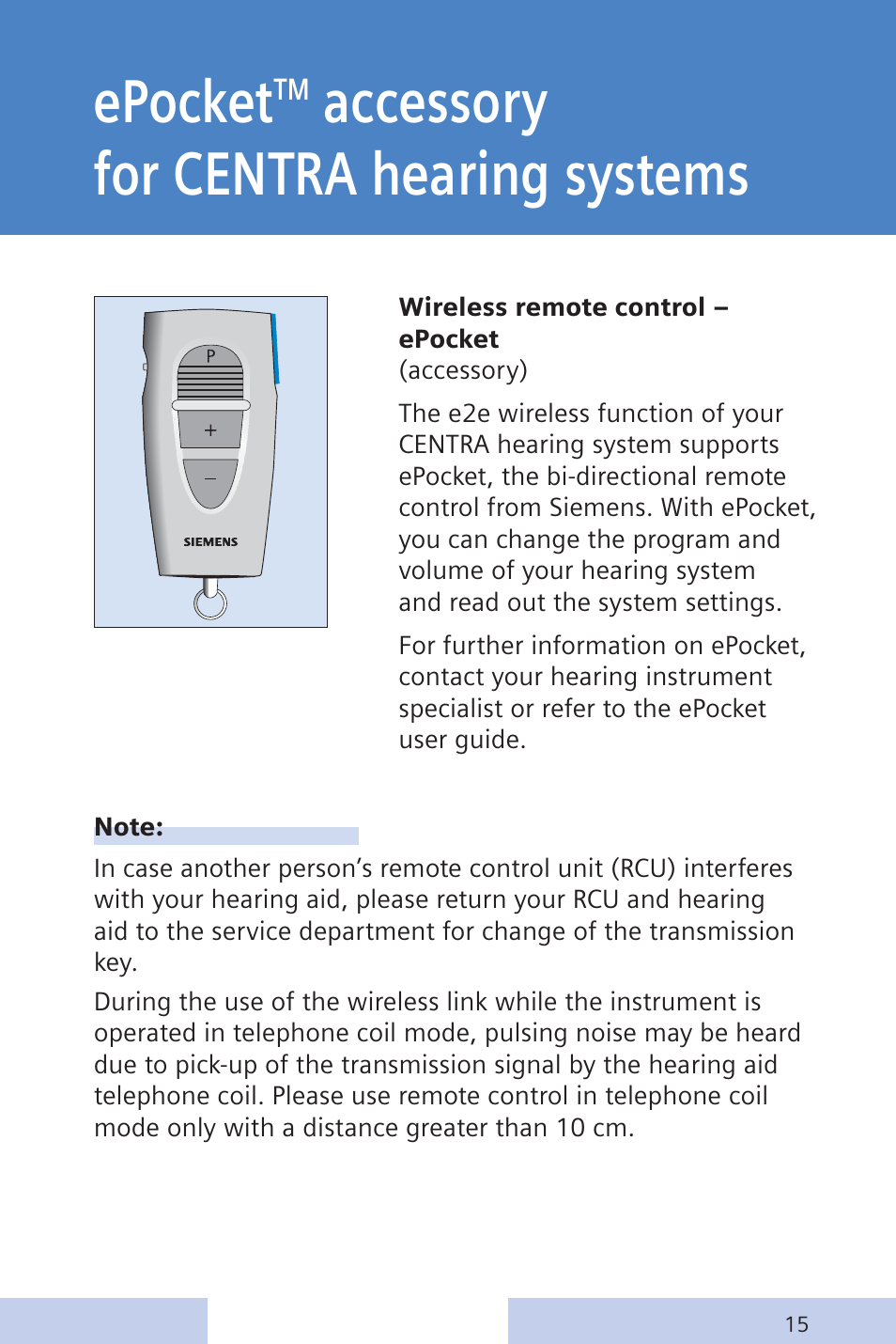 Epocket, Accessory for centra hearing systems | Siemens CENTRA Behind-the-Ear System User Manual | Page 15 / 28