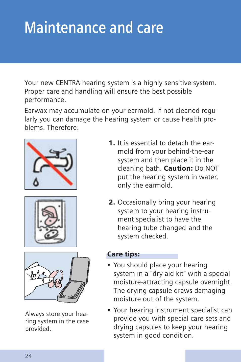 Maintenance and care | Siemens CENTRA Behind-the-Ear System User Manual | Page 24 / 28