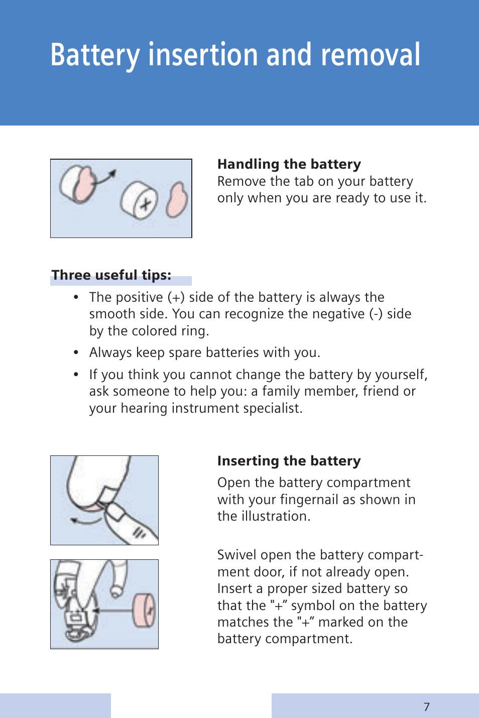 Battery insertion and removal | Siemens CENTRA Behind-the-Ear System User Manual | Page 7 / 28