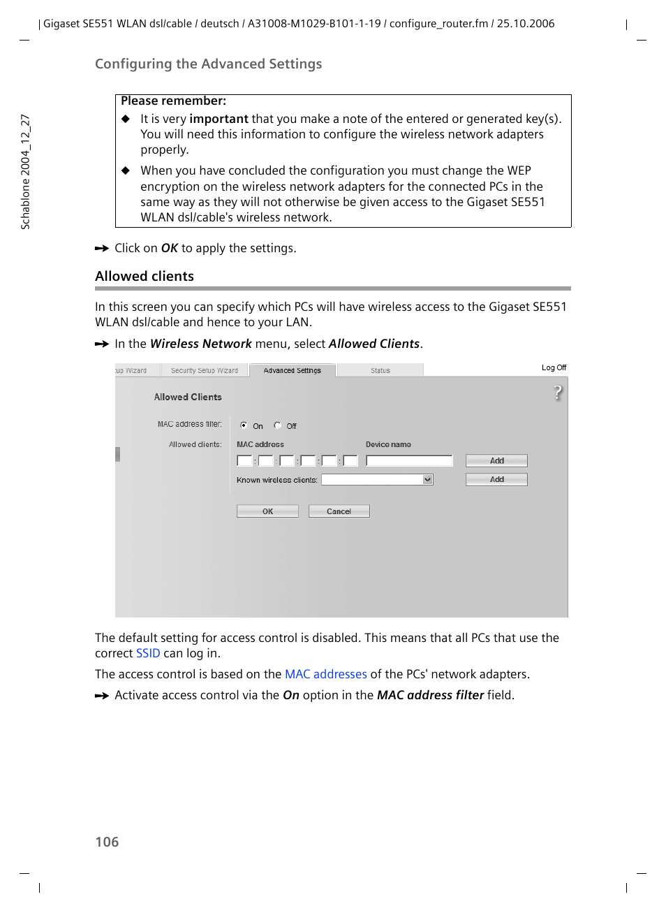 Allowed clients | Siemens gigaset SE551 User Manual | Page 108 / 175