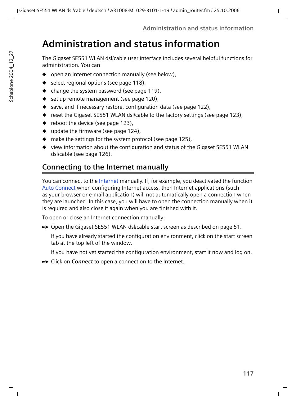 Administration and status information, Connecting to the internet manually | Siemens gigaset SE551 User Manual | Page 119 / 175