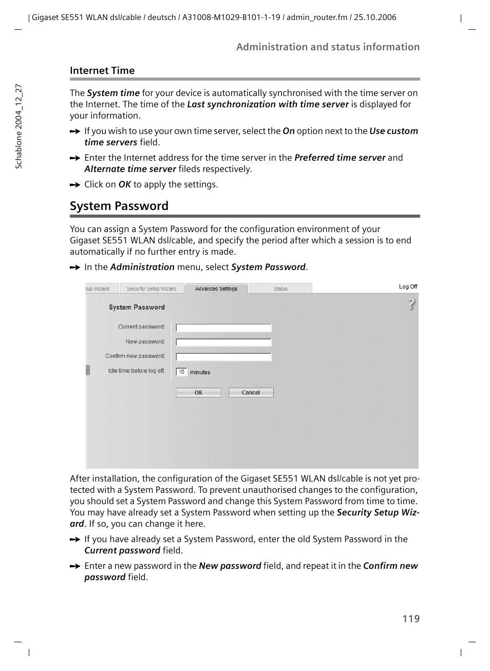 Internet time, System password | Siemens gigaset SE551 User Manual | Page 121 / 175