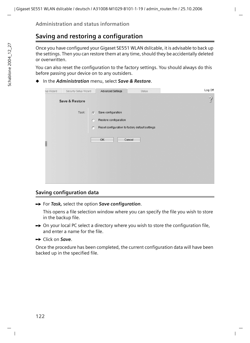 Saving and restoring a configuration, Saving configuration data | Siemens gigaset SE551 User Manual | Page 124 / 175