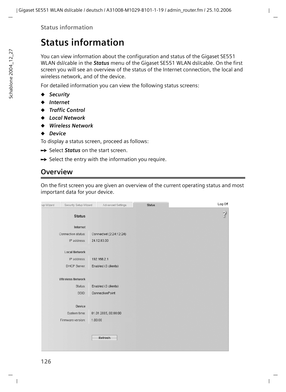 Status information, Overview | Siemens gigaset SE551 User Manual | Page 128 / 175