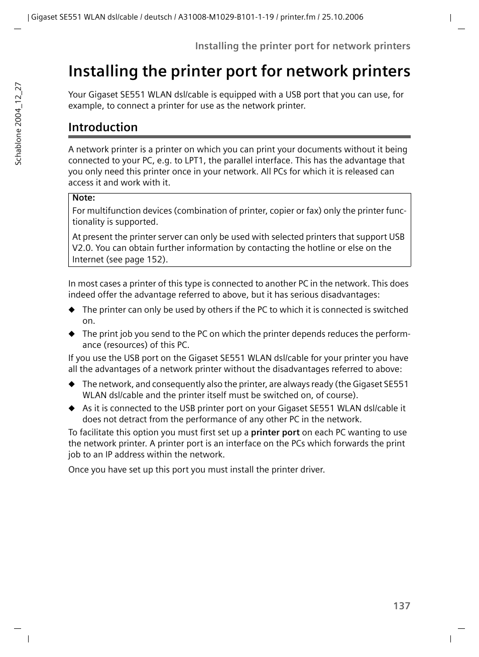 Installing the printer port for network printers, Introduction | Siemens gigaset SE551 User Manual | Page 139 / 175