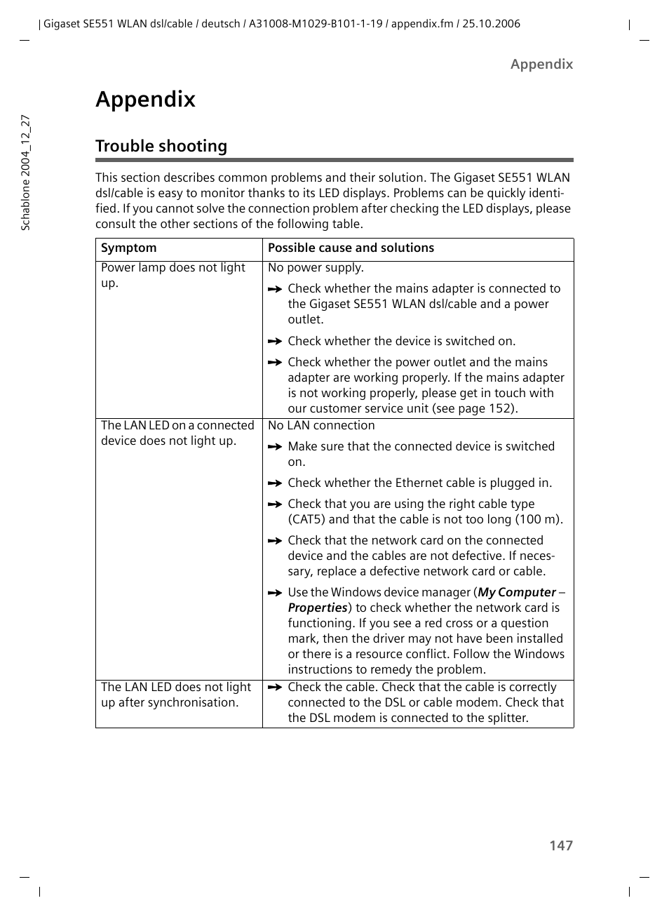 Appendix, Trouble shooting | Siemens gigaset SE551 User Manual | Page 149 / 175