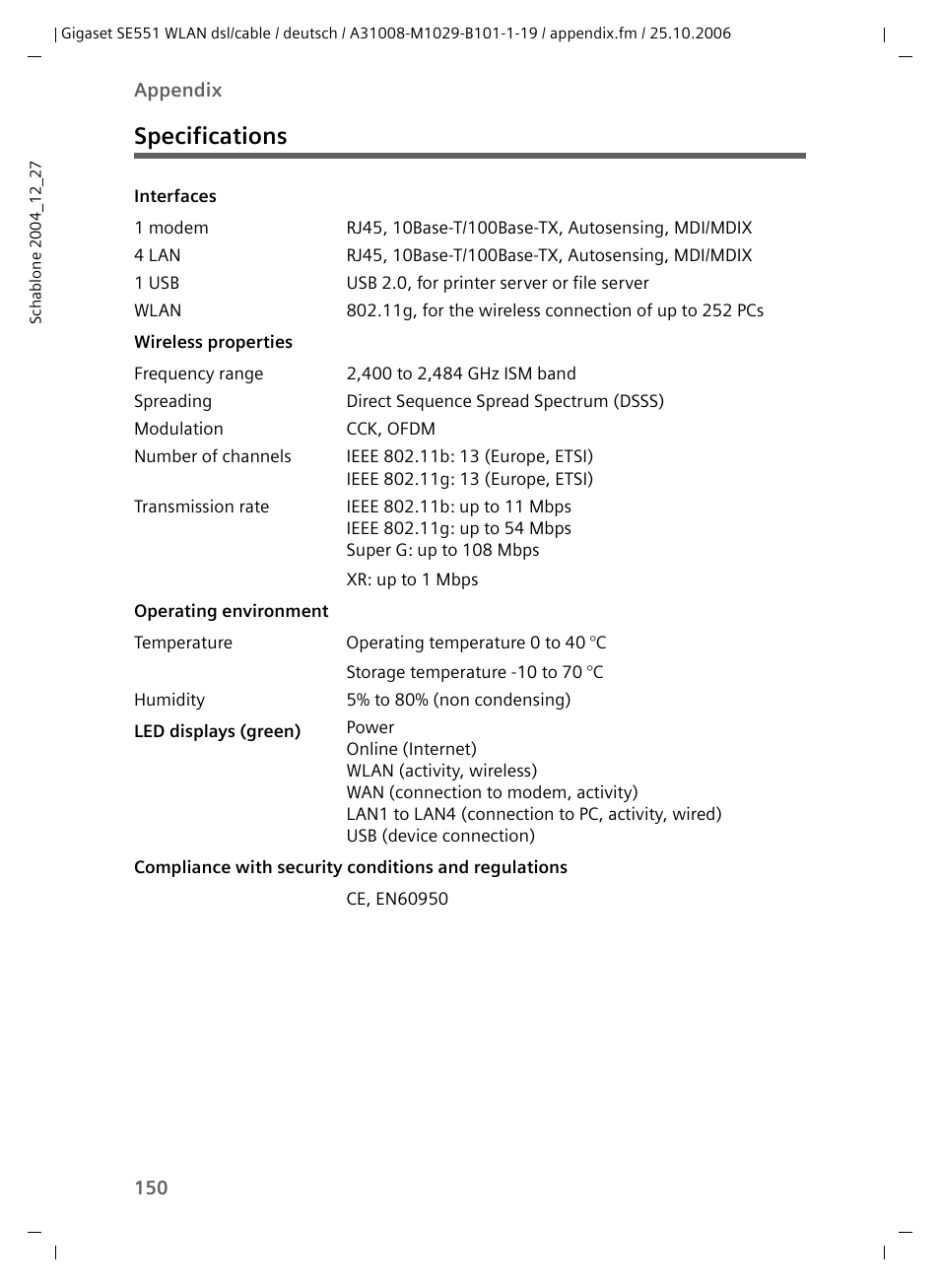 Specifications | Siemens gigaset SE551 User Manual | Page 152 / 175