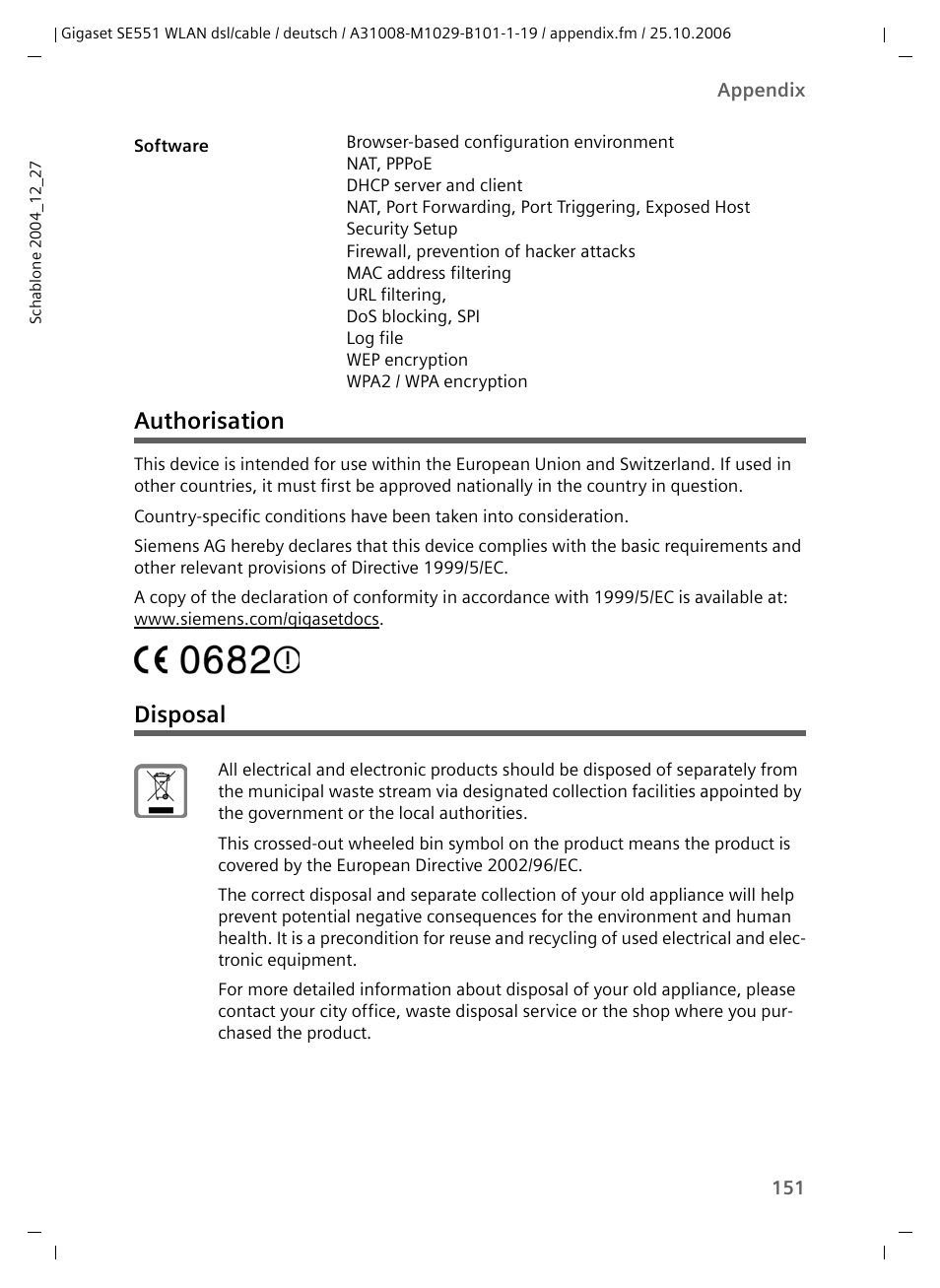 Authorisation, Disposal, Authorisation disposal | Siemens gigaset SE551 User Manual | Page 153 / 175