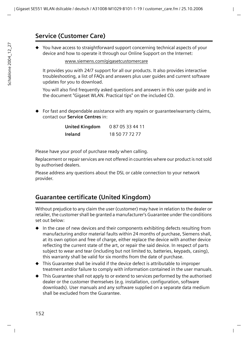 Service (customer care), Guarantee certificate (united kingdom) | Siemens gigaset SE551 User Manual | Page 154 / 175
