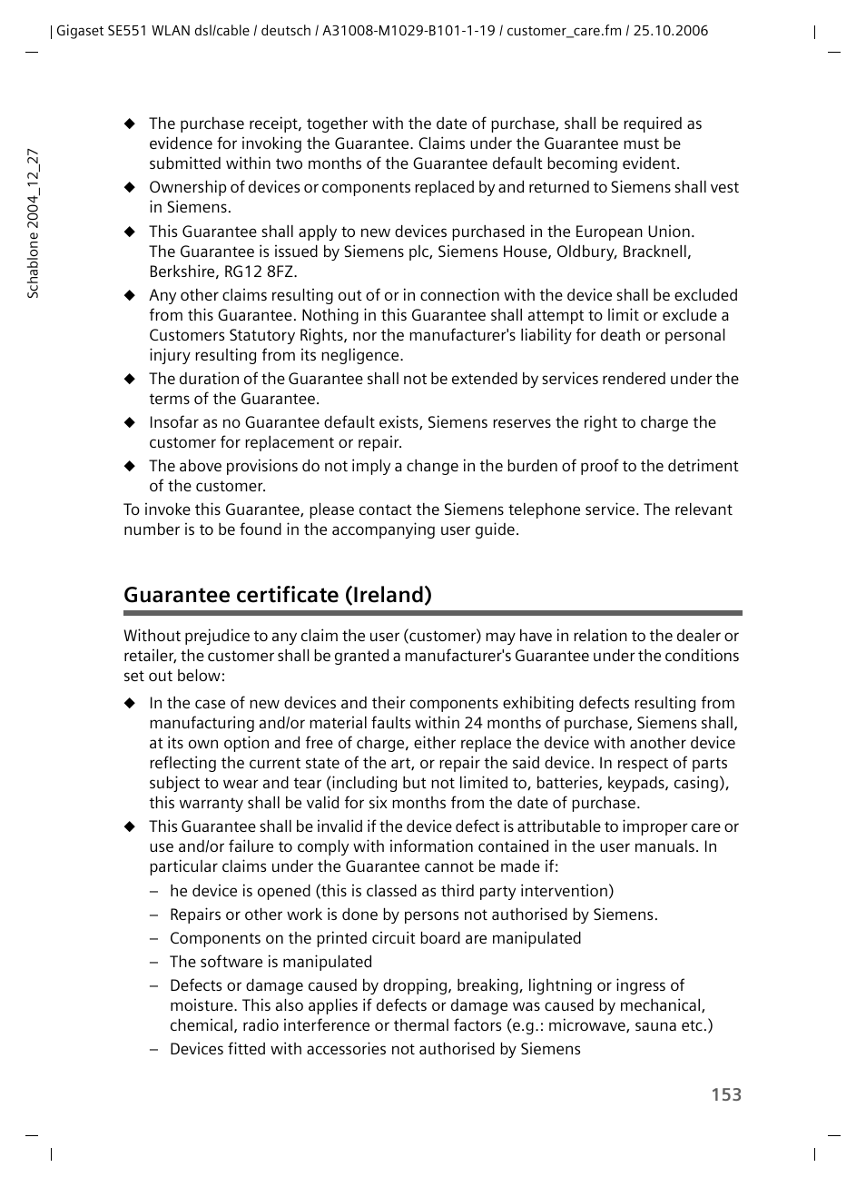 Guarantee certificate (ireland) | Siemens gigaset SE551 User Manual | Page 155 / 175