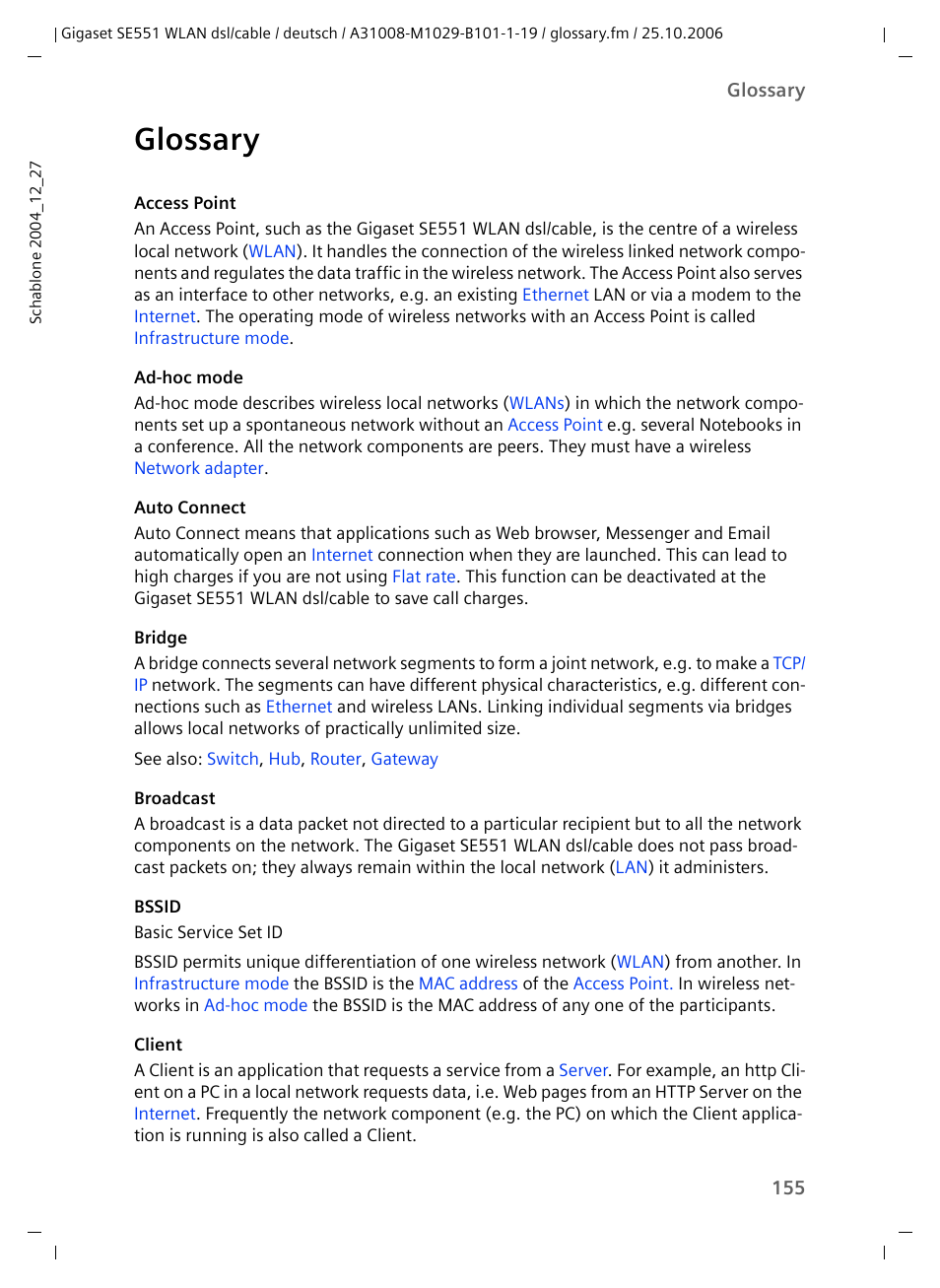 Glossary, Client, Ork in | Ad-hoc mode, Ork client. this is done as f, Auto connect | Siemens gigaset SE551 User Manual | Page 157 / 175