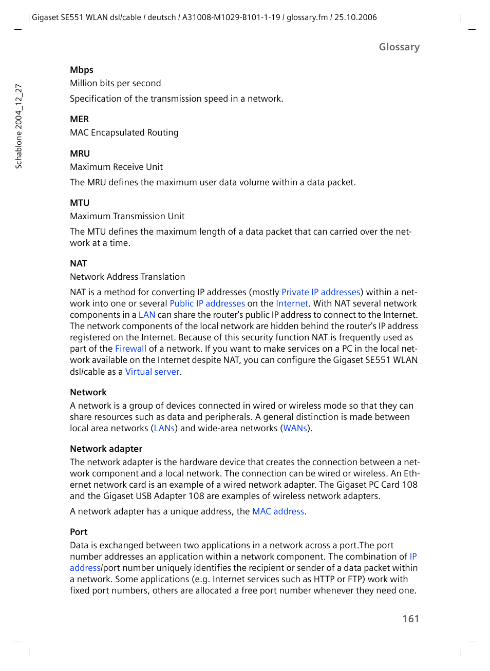 Mbps, Network adapter, Port | Siemens gigaset SE551 User Manual | Page 163 / 175