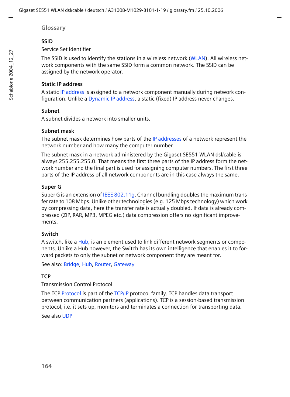 Ssid, Switch, Sign | Static ip address, See p, Super g, Transmis | Siemens gigaset SE551 User Manual | Page 166 / 175