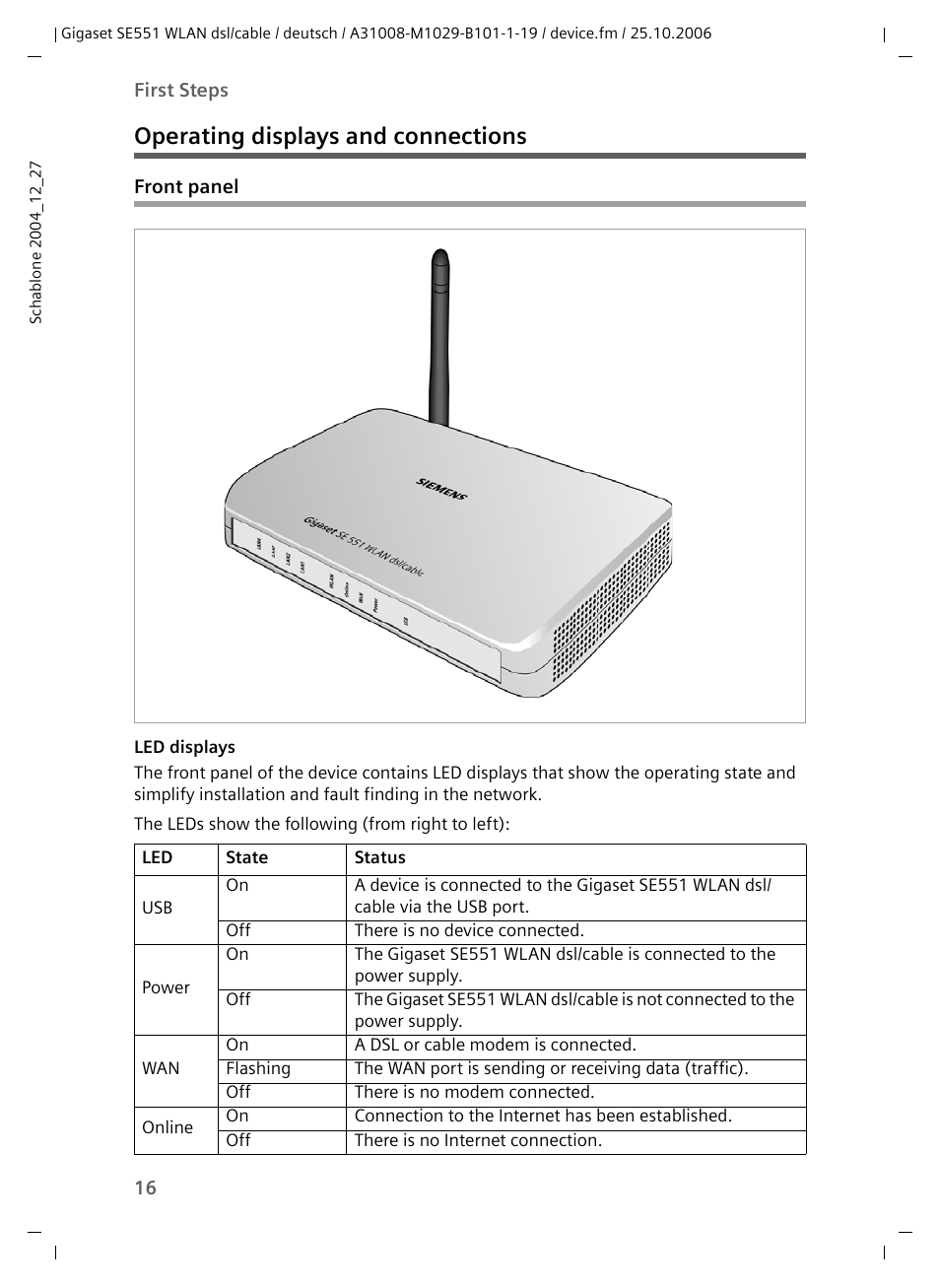 Operating displays and connections, Front panel | Siemens gigaset SE551 User Manual | Page 18 / 175