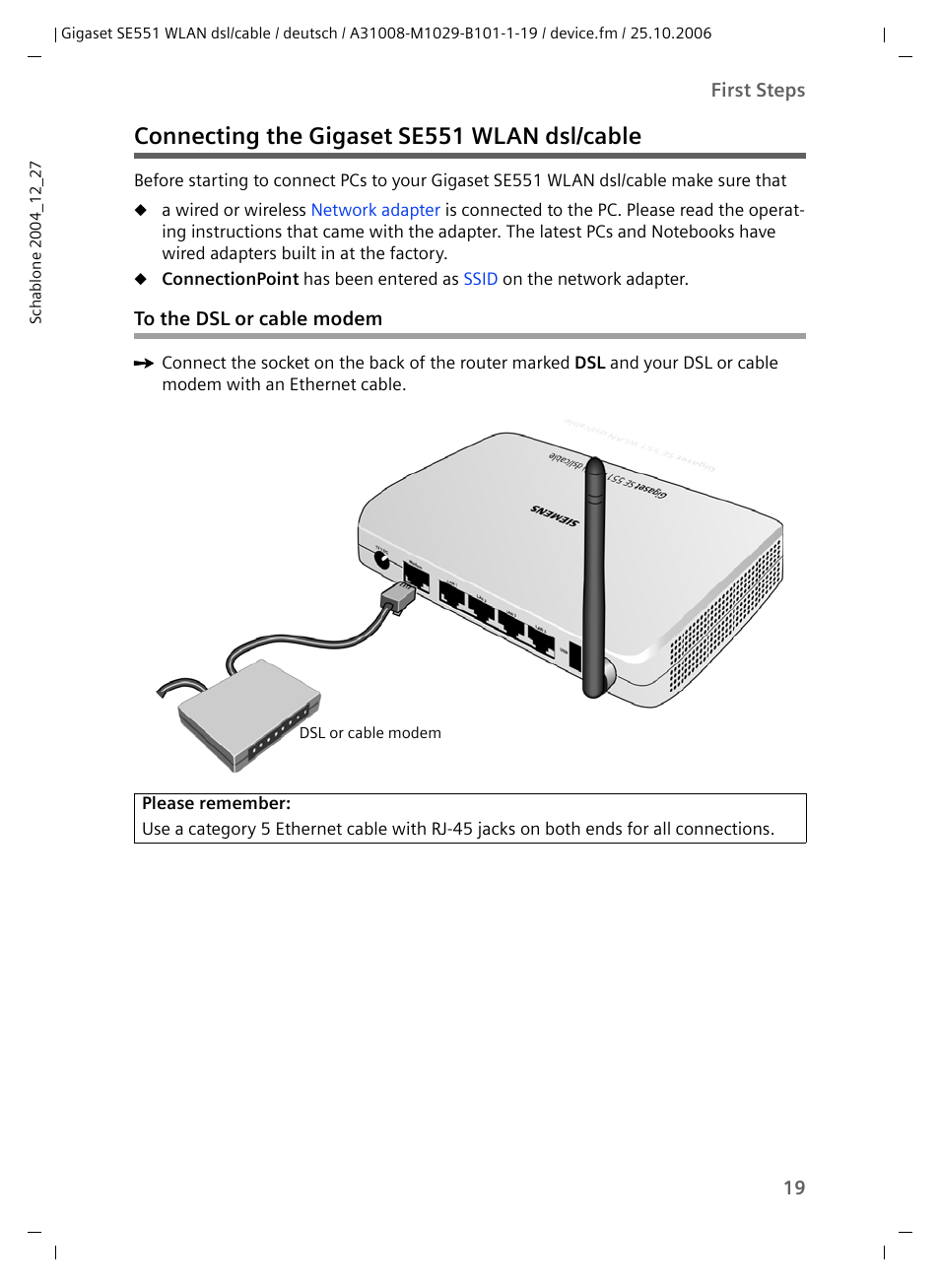 Connecting the gigaset se551 wlan dsl/cable, To the dsl or cable modem | Siemens gigaset SE551 User Manual | Page 21 / 175